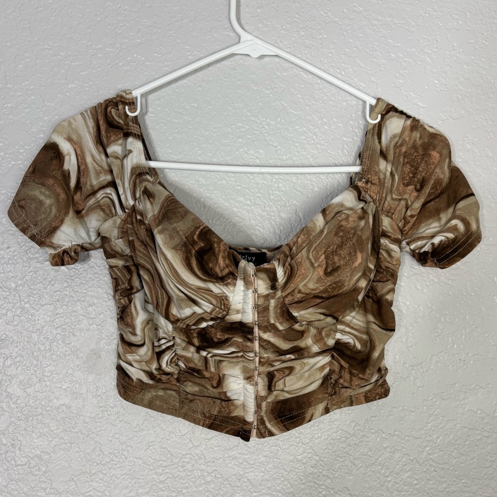 privy Brown Marble-Print Corset Front Crop Top Size M Lightweight Soft Material